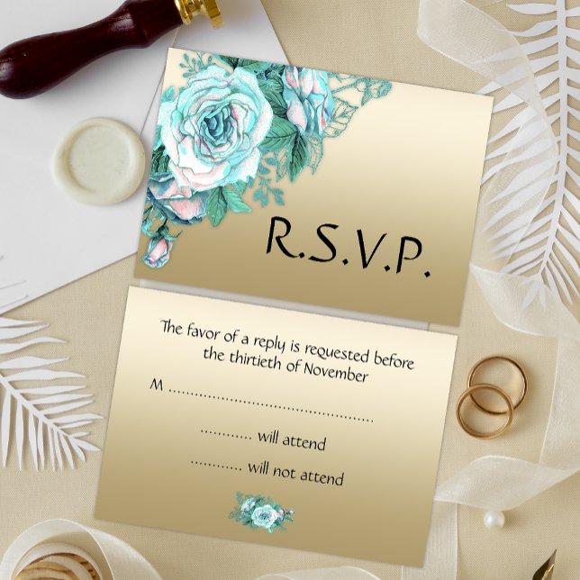 Tarjeta De Confirmación De Asistencia Boda Dorado Turquoise Rose Bouquet (Subido por el creador)