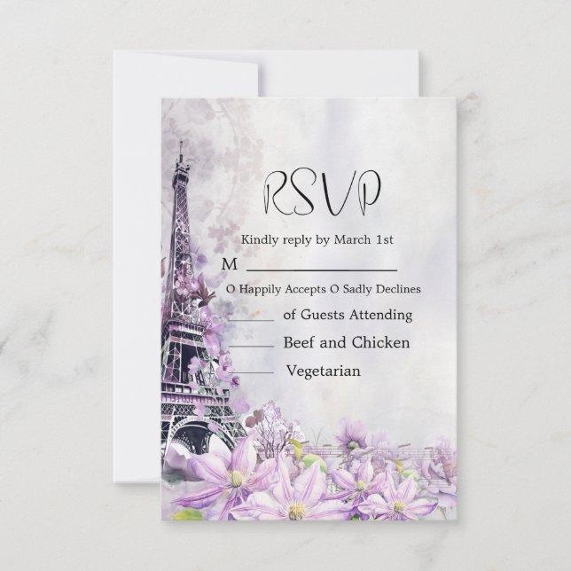 Tarjeta De Confirmación De Asistencia Boda Eiffel Tower Lavender Romance (Anverso)