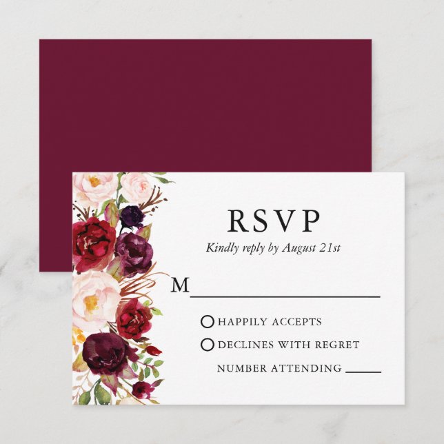 Tarjeta De Confirmación De Asistencia Boda Elegante acuarela Borgoña Floral (Anverso / Reverso)