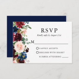 Tarjeta De Confirmación De Asistencia Boda Elegante acuarela Borgoña Floral Azul