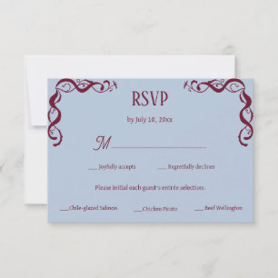 Tarjeta De Confirmación De Asistencia Boda elegante Art Nouveau de Borgoña y azul polvo