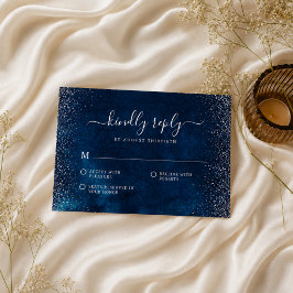 Tarjeta De Confirmación De Asistencia Boda elegante azul marino con brillo de plata