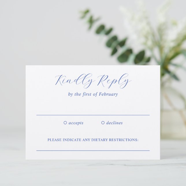 Tarjeta De Confirmación De Asistencia Boda elegante azul real tradicional (Anverso de pie)