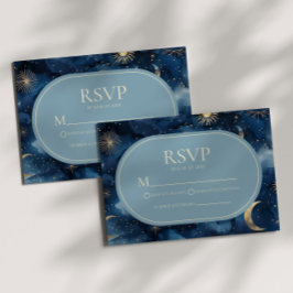 Tarjeta De Confirmación De Asistencia Boda Elegante Cielo Estrellado Celeste Dorado Azul