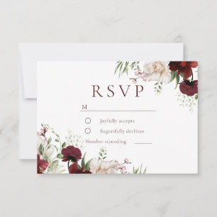 Tarjeta De Confirmación De Asistencia Boda elegante con flores rojas y blancas de Borgoñ