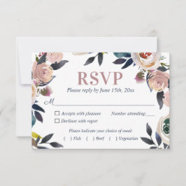 Tarjeta De Confirmación De Asistencia Boda elegante con flores rosadas azul y turbia mar