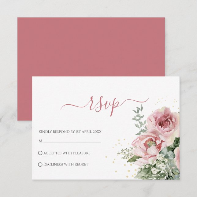 Tarjeta De Confirmación De Asistencia Boda Elegante de Eucalipto Verde Dorado (Anverso / Reverso)