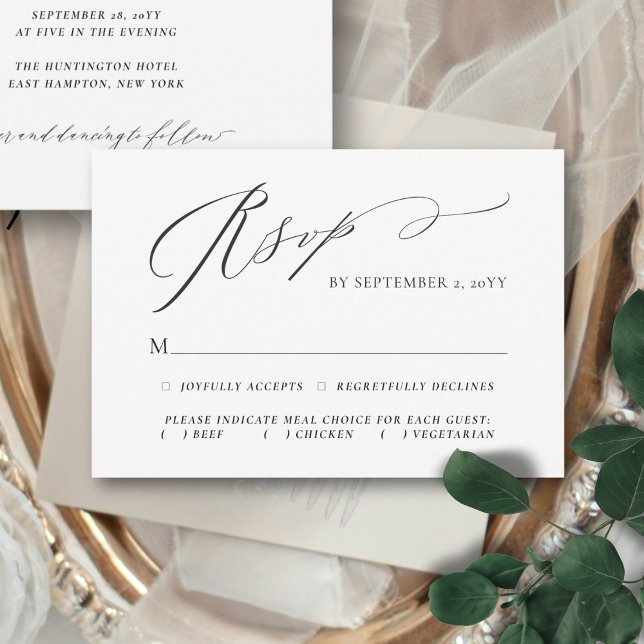 Tarjeta De Confirmación De Asistencia Boda Elegante De La Comida De Guión (This elegant, minimalist RSVP card features a handwritten calligraphy script and your meal choices)