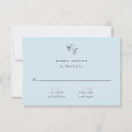 Tarjeta De Confirmación De Asistencia Boda elegante de monograma azul en polvo clásico