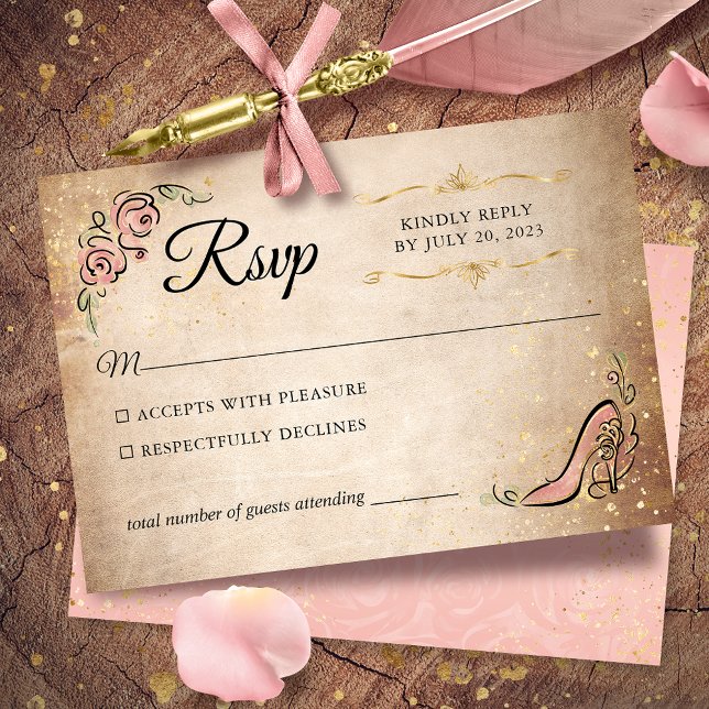 Tarjeta De Confirmación De Asistencia Boda elegante de princesa rosa y dorada (Light pink and gold RSVP cards to give your once upon a time celebration a true magical touch.)