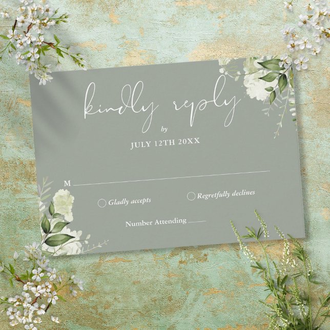 Tarjeta De Confirmación De Asistencia Boda elegante floral de verde salvia con vegetació (Greenery Floral Elegant Sage Green Wedding RSVP Card)