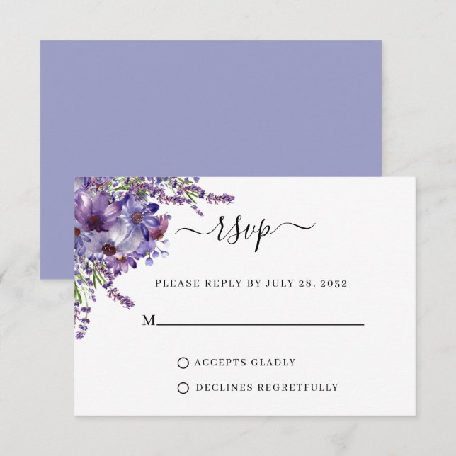 Tarjeta De Confirmación De Asistencia Boda elegante Floral Purple Lavender Peonies (Anverso / Reverso)