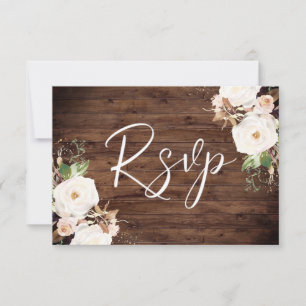 Tarjeta De Confirmación De Asistencia Boda elegante floral rústica de madera blanca y ru