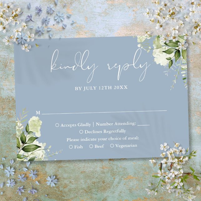 Tarjeta De Confirmación De Asistencia Boda Elegante Floral Verde Azul Polvo (Greenery Floral Elegant Dusty Blue Wedding RSVP Card)