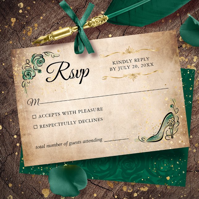Tarjeta De Confirmación De Asistencia Boda elegante Princesa Verde y Oro (Gold and Green RSVP cards to give your once upon a time celebration an elegant touch.)
