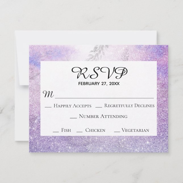 Tarjeta De Confirmación De Asistencia *~* Boda elegante Purpurina azul de lavanda floral (Anverso)