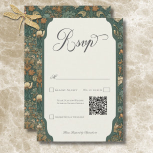 Tarjeta De Confirmación De Asistencia Boda elegante vintage naturaleza William Morris QR