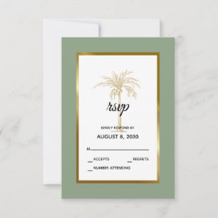 Tarjeta De Confirmación De Asistencia Boda en la playa con palmera de oro en verde salvi