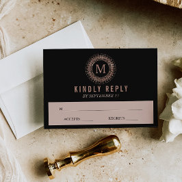 Tarjeta De Confirmación De Asistencia Boda en Monograma de Deco de Oro Rosa Negro y Faux