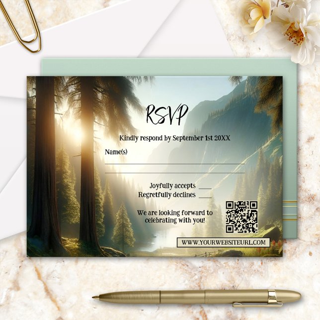 Tarjeta De Confirmación De Asistencia Boda encantado de la montaña forestal (RSVP card featuring a painting of an enchanted forest in a mountain landscape - with QR code)