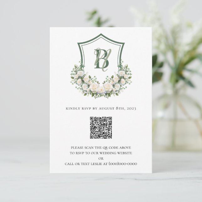 Tarjeta De Confirmación De Asistencia Boda Escudo de Flores Blancas (Anverso de pie)