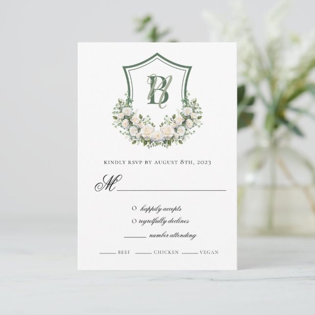 Tarjeta De Confirmación De Asistencia Boda Escudo de Flores Blancas (Anverso de pie)