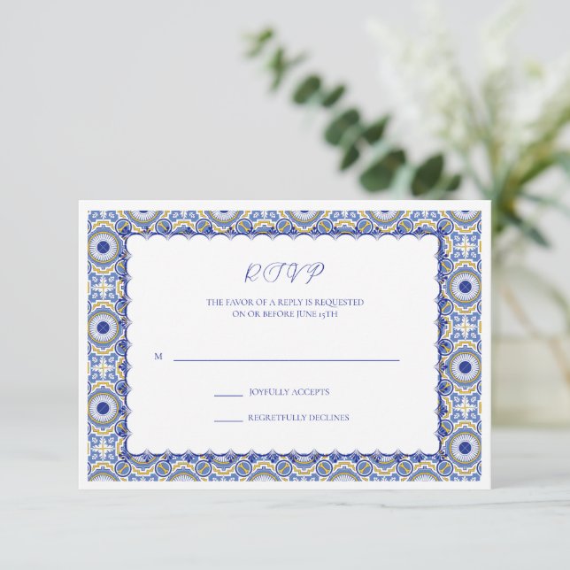 Tarjeta De Confirmación De Asistencia Boda Español de Talavera Mexicana Azul (Anverso de pie)