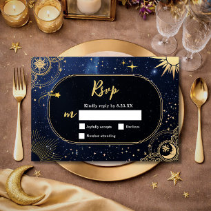Tarjeta De Confirmación De Asistencia Boda Estrella Fugaz Sol Luna Azul Celeste