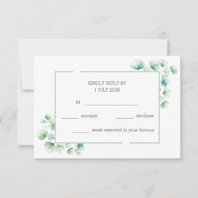 Tarjeta De Confirmación De Asistencia Boda Eucalyptus Pintado con Mano Verde Natural (Anverso)