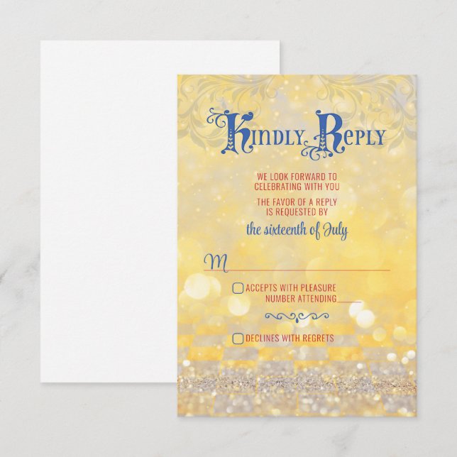 Tarjeta De Confirmación De Asistencia Boda Fairy Tale Red Rose Blue Gold (Anverso / Reverso)