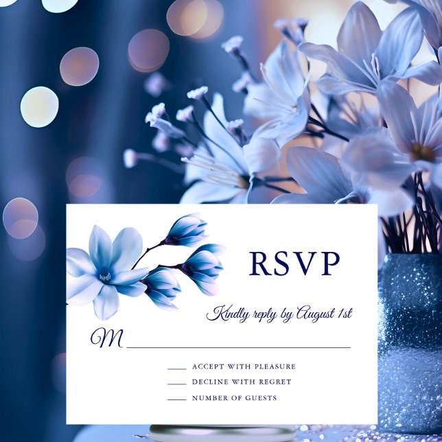 Tarjeta De Confirmación De Asistencia Boda Floral Acuarela Magnolia Azul Marino (Watercolor Floral Magnolia Blue Navy Wedding RSVP Card)