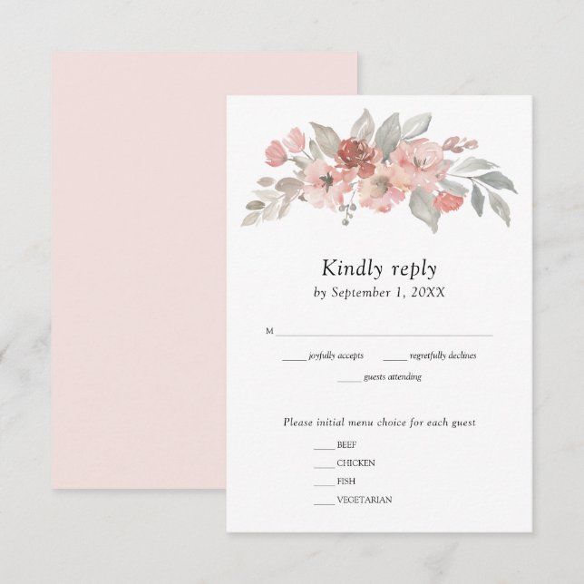 Tarjeta De Confirmación De Asistencia Boda floral acuarela rosa elegante (Anverso / Reverso)