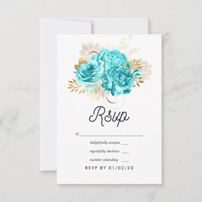 Tarjeta De Confirmación De Asistencia Boda floral Aqua Blue and Gold (Anverso)