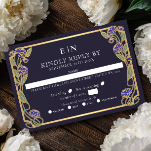 Tarjeta De Confirmación De Asistencia Boda floral Art Nouveau de peonía azul elegante