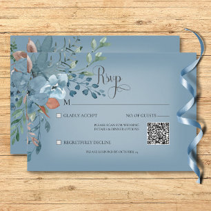 Tarjeta De Confirmación De Asistencia Boda Floral Azul Azul de roya de Boho Código QR