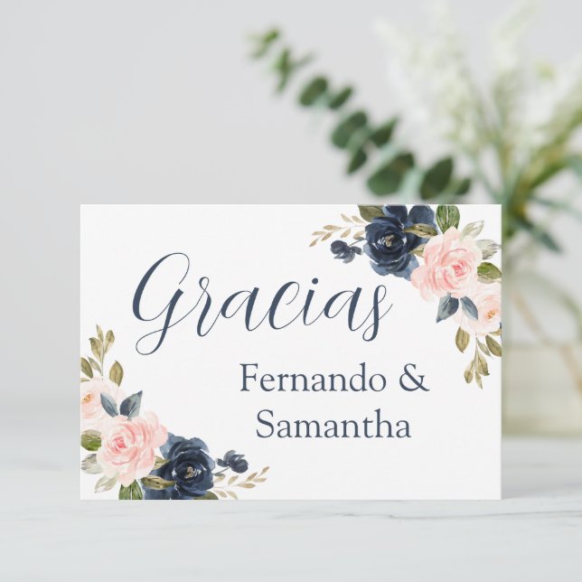 Tarjeta De Confirmación De Asistencia Boda Floral Azul de la Marina Española Gracias (Anverso de pie)