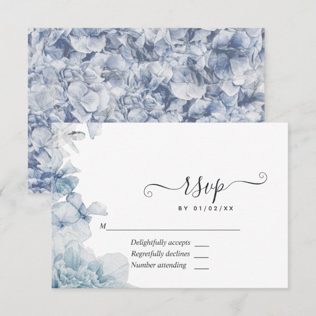 Tarjeta De Confirmación De Asistencia Boda Floral Azul Dusty (Anverso / Reverso)