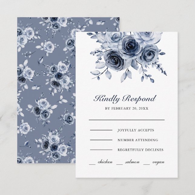 Tarjeta De Confirmación De Asistencia Boda Floral Azul Dusty (Anverso / Reverso)