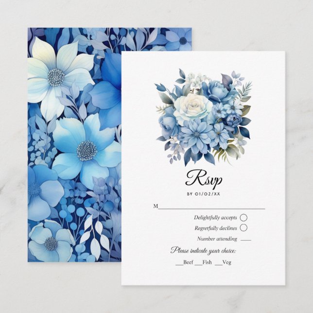 Tarjeta De Confirmación De Asistencia Boda Floral Azul Dusty (Anverso / Reverso)
