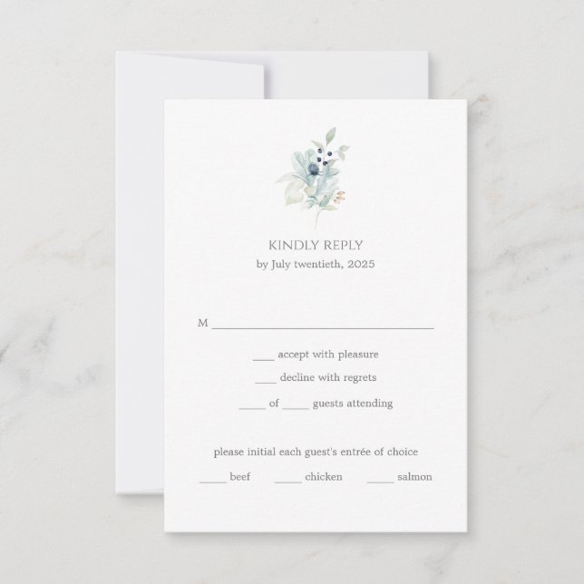 Tarjeta De Confirmación De Asistencia Boda Floral Azul Dusty | Primavera elegante (Anverso)