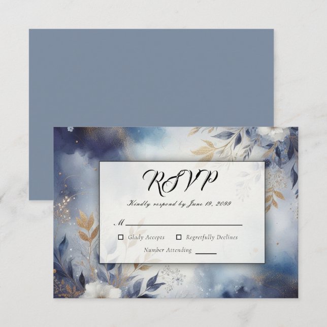 Tarjeta De Confirmación De Asistencia Boda floral azul marino y dorado (Anverso / Reverso)