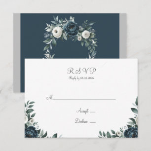 Tarjeta De Confirmación De Asistencia Boda floral azul marino y plateado