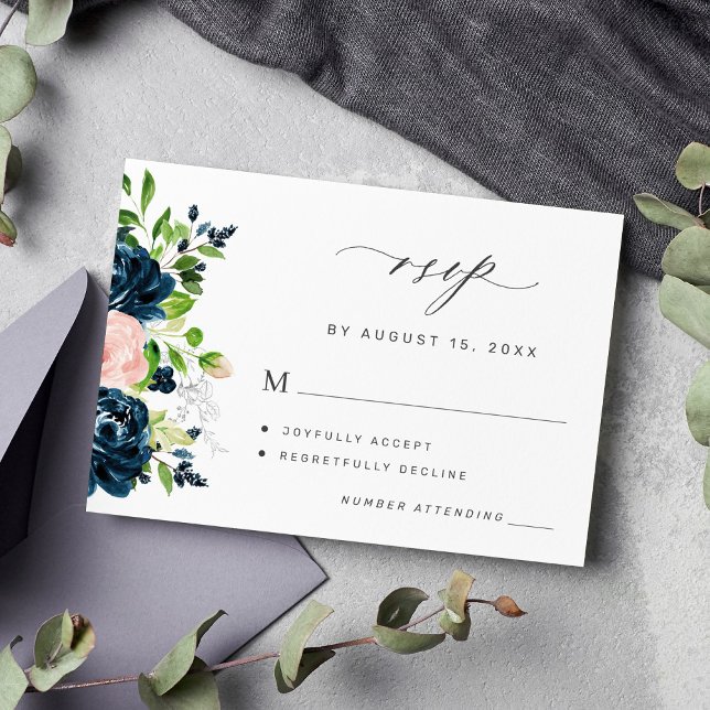 Tarjeta De Confirmación De Asistencia Boda floral azul marino y rosa negro (Subido por el creador)