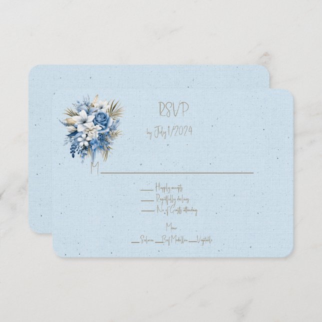 Tarjeta De Confirmación De Asistencia Boda floral azul marrón (Anverso / Reverso)