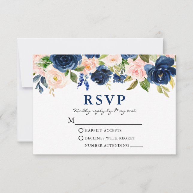 Tarjeta De Confirmación De Asistencia Boda floral azul rosa azul acuarela (Anverso)