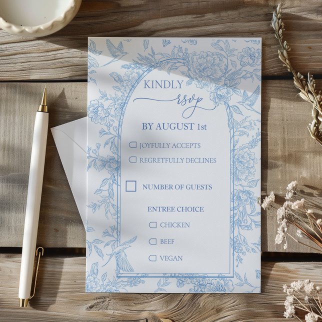 Tarjeta De Confirmación De Asistencia Boda floral azul toile y blanco (French Toile Blue Vintage Wedding RSVP)