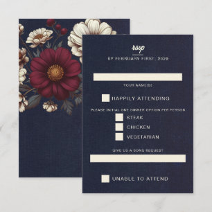 Tarjeta De Confirmación De Asistencia Boda Floral Azul y Borgoña de la Marina