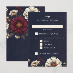 Tarjeta De Confirmación De Asistencia Boda Floral Azul y Borgoña de la Marina