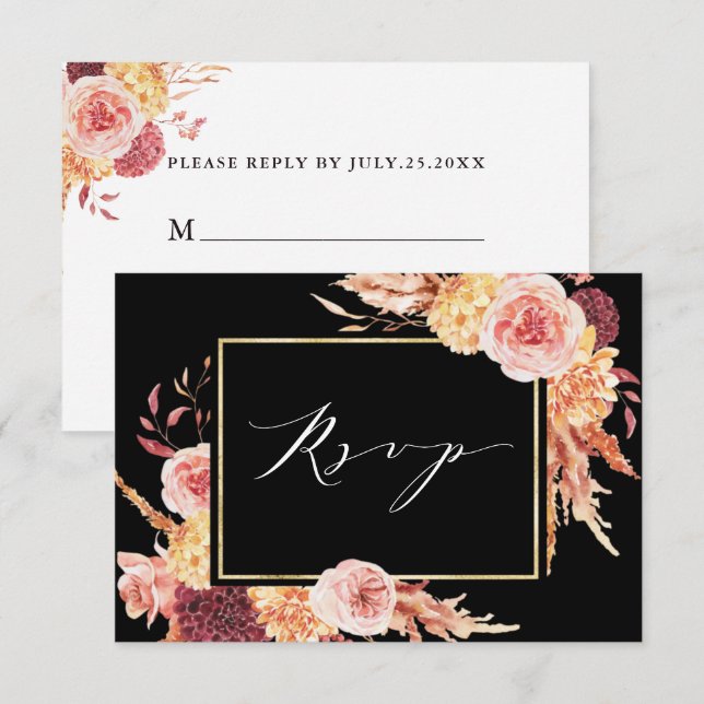 Tarjeta De Confirmación De Asistencia Boda Floral Black Boho Burgundy Terracotta (Anverso / Reverso)
