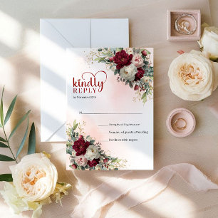 Tarjeta De Confirmación De Asistencia Boda Floral Blanca Borgoña Bohemiana Refinada Dora